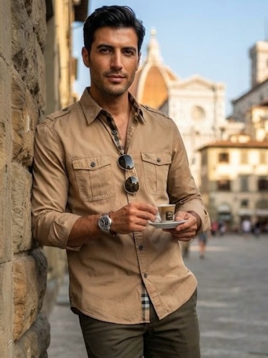 Burberry Other - Burberry Brit Tan Khaki Military-Style Cotton Shirt Size XL Quite Luxury Classic